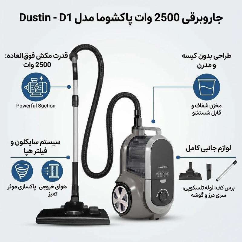 جاروبرقی 2500 وات پاکشوما مدل D1 G - تصویر 3